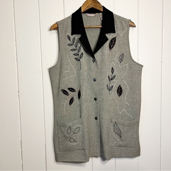 TanJay Jackets & Blazers - TanJay Grey Embroidered Leaf Design Long Collared Vest. Size 12.